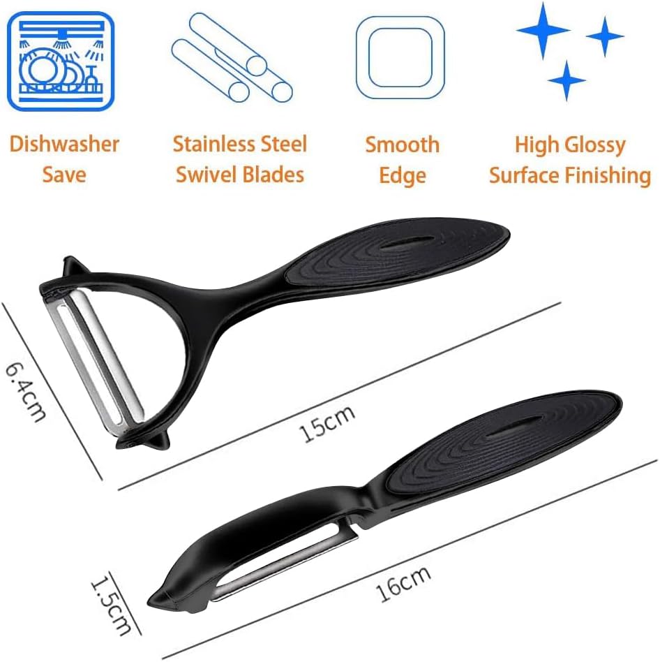 Black Stainless Steel Peeler Set – Multi-Functional Kitchen Fruit & Vegetable Peelers Straight Blade + Y-Shaped Ergonomic Design Non-Slip Handle Easy to Clean