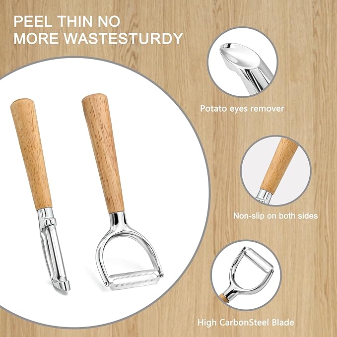 Wooden Handle Peeler Set (2 Pieces) – Stainless Steel Straight Peeler & Y-Shaped Peeler, Multi-Functional Fruit & Vegetable Tools