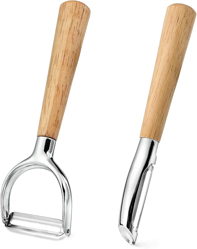 Wooden Handle Peeler Set (2 Pieces) – Stainless Steel Straight Peeler & Y-Shaped Peeler, Multi-Functional Fruit & Vegetable Tools