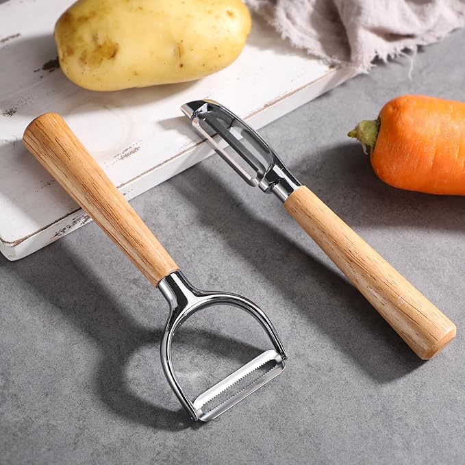 Wooden Handle Peeler Set (2 Pieces) – Stainless Steel Straight Peeler & Y-Shaped Peeler, Multi-Functional Fruit & Vegetable Tools